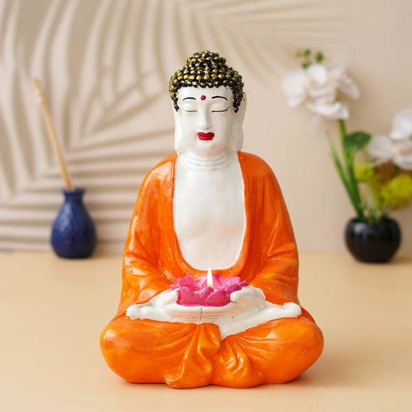 Orange, White, And Pink Polyresin Handcrafted Meditating Buddha Idol