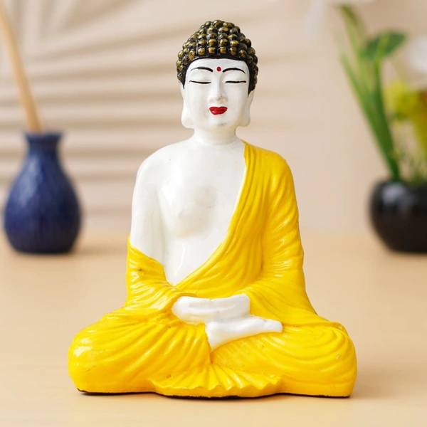 Yellow & White Polyresin Handcrafted Meditating Buddha Statue