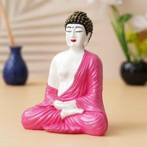 White & Pink Polyresin Handcrafted Meditating Buddha Statue