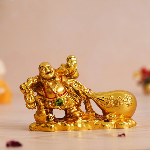 Golden Polyresin Feng Shui Laughing Buddha Idol With Money Bag