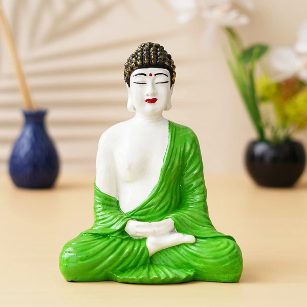 Green & White Polyresin Handcrafted Meditating Buddha Statue