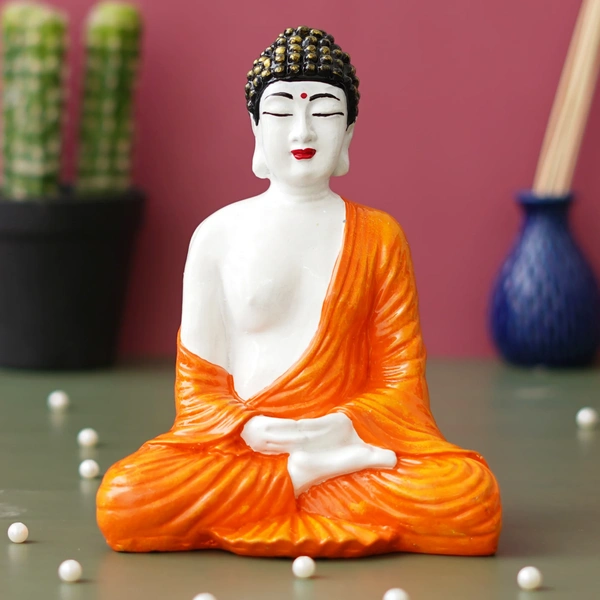 Orange, & White Polyresin Handcrafted Meditating Buddha Statue