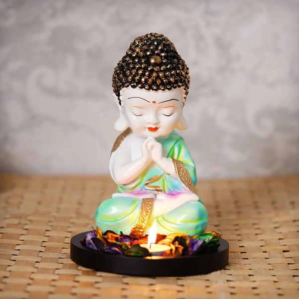 Polyresin Green And White Praying Monk Buddha Statue