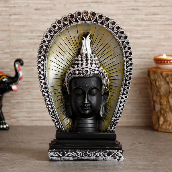 Elegant Silver & Black Polyresin Lord Buddha Head Statue