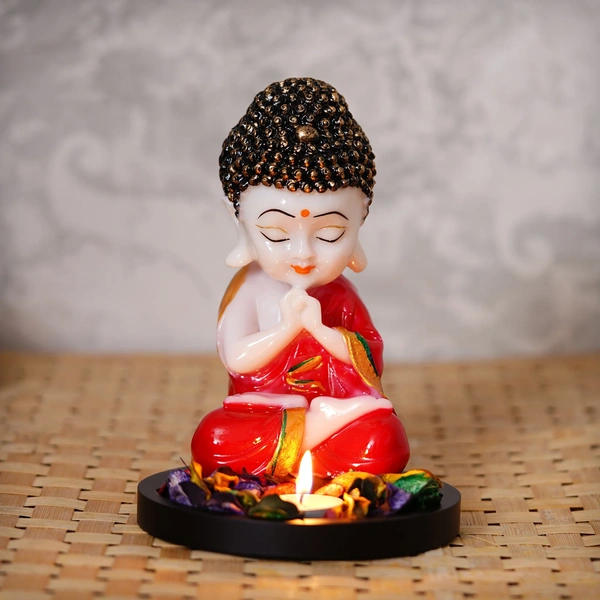 Polyresin Red And White Praying Monk Buddha Idol