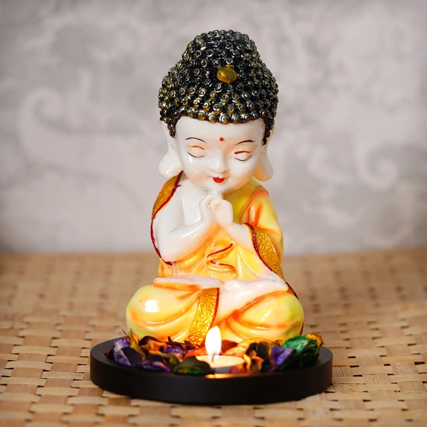 Polyresin Yellow And White Praying Monk Buddha Idol