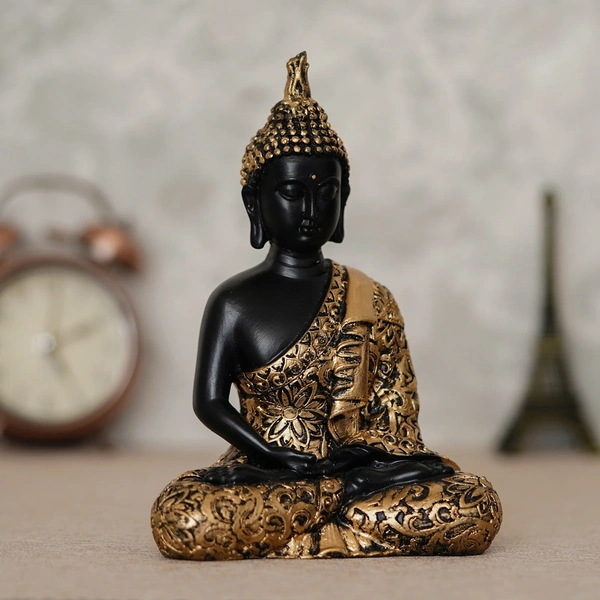 Polyresin Black And Golden Handcrafted Decorative Meditating Buddha Statue
