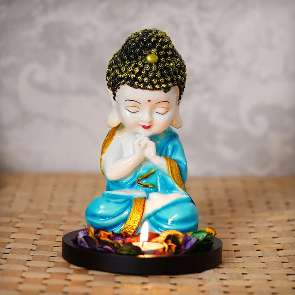 Polyresin Blue And White Praying Monk Buddha Statue