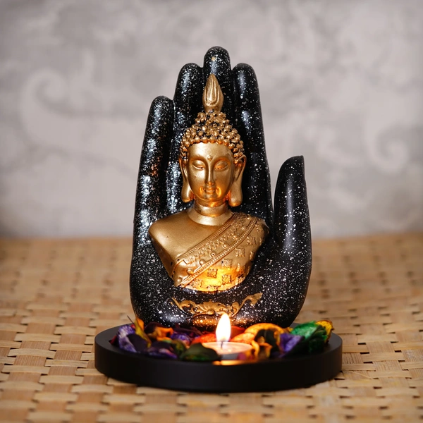 Polyresin Black And Golden Handcrafted Palm Buddha Statue