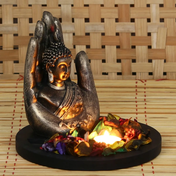 Polyresin Black And Brown Handcrafted Palm Buddha Statue