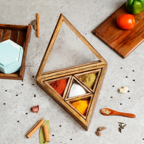 4 Triangle Compartments Handcrafted Wooden Spice Box