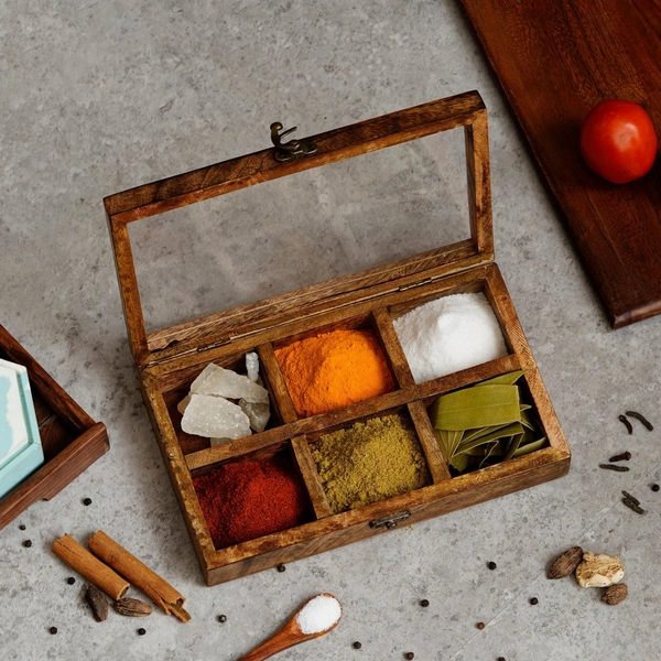 6 Rectangle Compartments Handcrafted Wooden Spice Box