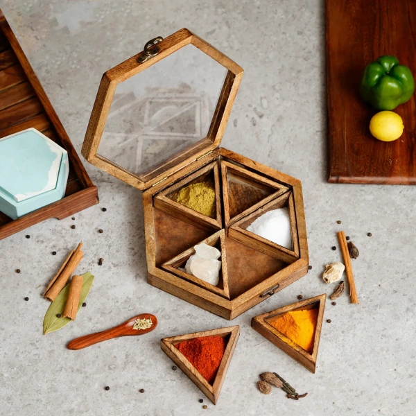6 Triangle Compartments Handcrafted Wooden Spice Box