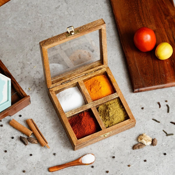 4 Square Compartments Handcrafted Wooden Spice Box