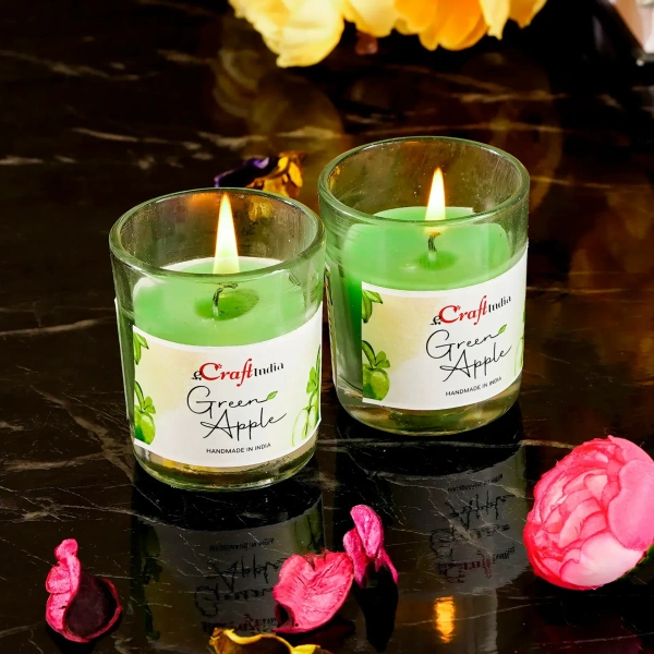 Set Of 2 Green Apple Scented Glass Candle