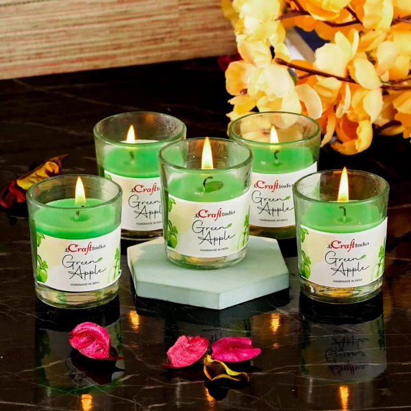 Set Of 5 Green Apple Scented Glass Candle