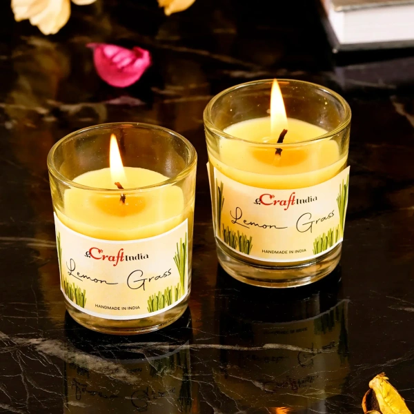Set Of 2 Lemon Grass Scented Glass Candle