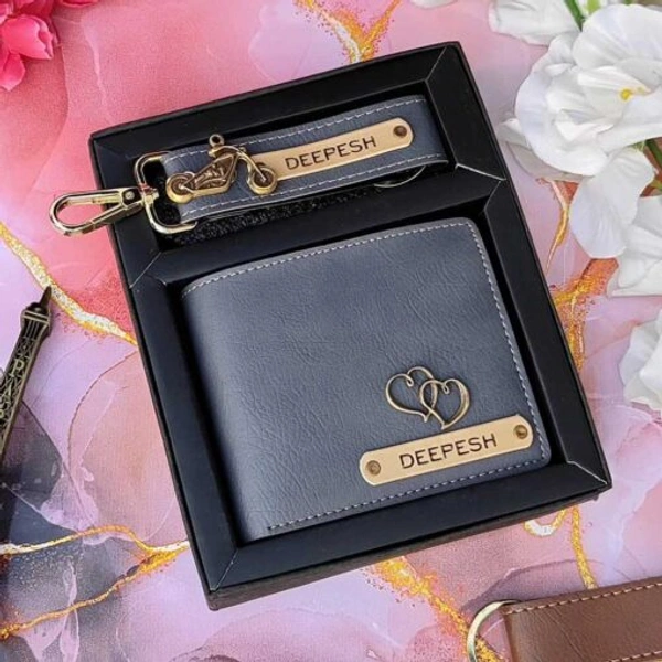 Customized Premium Nexon Leather Wallet Keychain Combo - Gray
