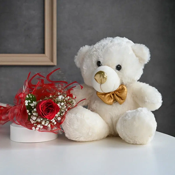 Single Red Rose With Teddy