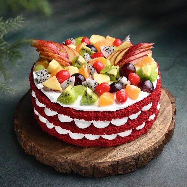 Fresh Fruits Topped Red Velvet Cake - 1 Kg