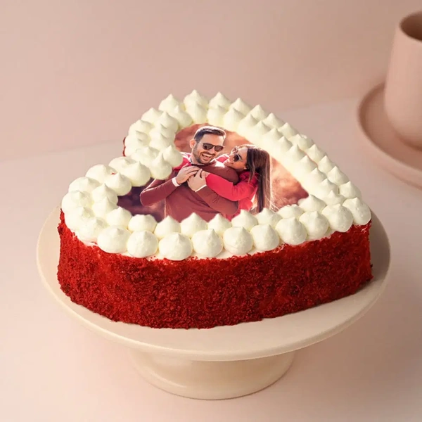 Red Velvet Heart Shape Photo Cake - 1.5 Kg