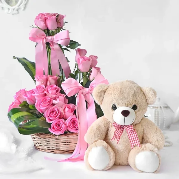 Roses & Teddy Bear Basket