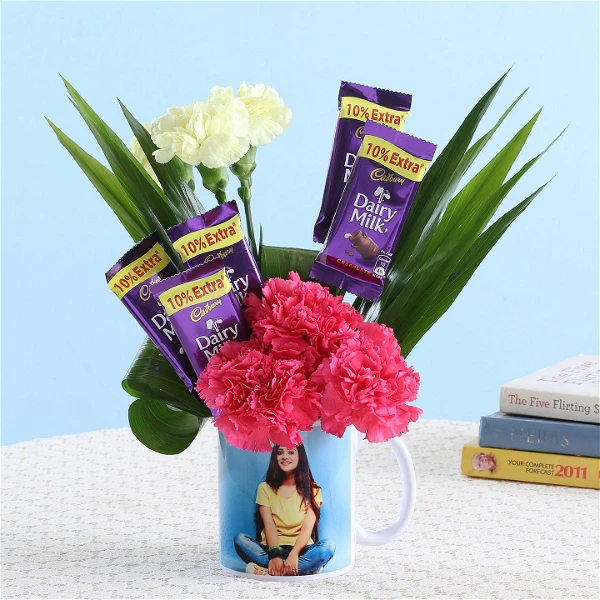 Pink Carnations, Chocolates & Mug