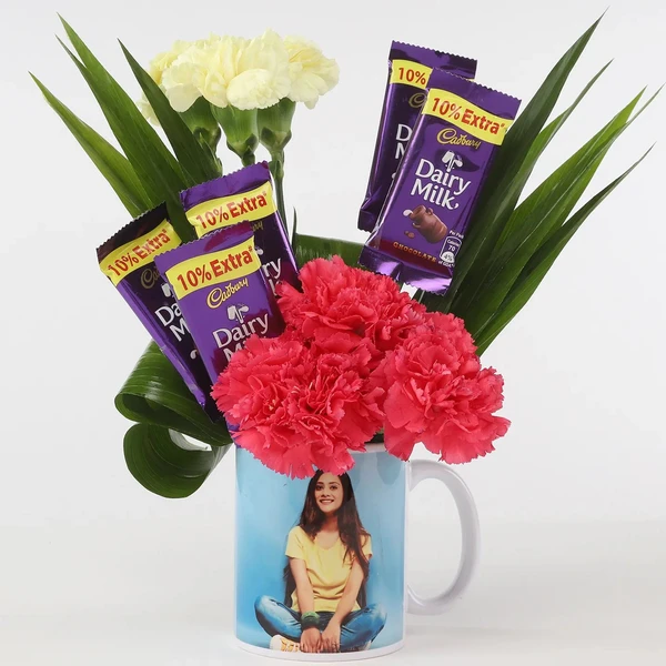 Pink Carnations, Chocolates & Mug