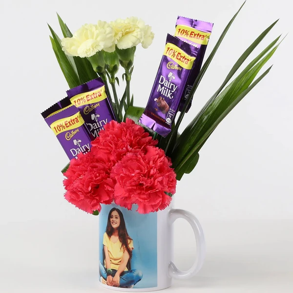 Pink Carnations, Chocolates & Mug