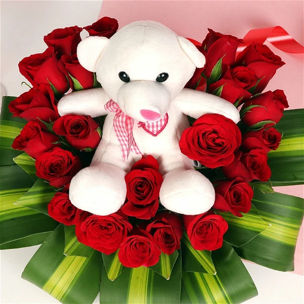 Roses & Teddy Bear Basket