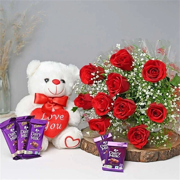 Roses, Chocolates & Teddy Bear Bouquet