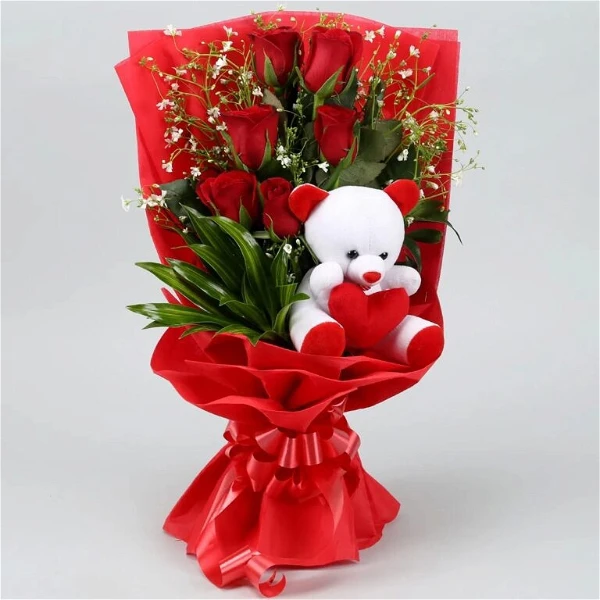 Roses & Teddy Bear Bouquet