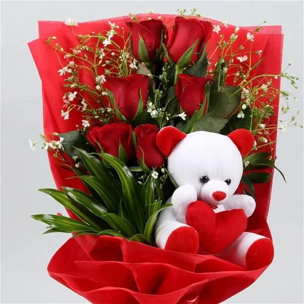 Roses & Teddy Bear Bouquet