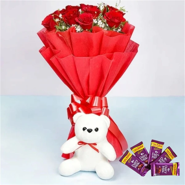 Roses, Teddy Bear & Chocolates Bouquet