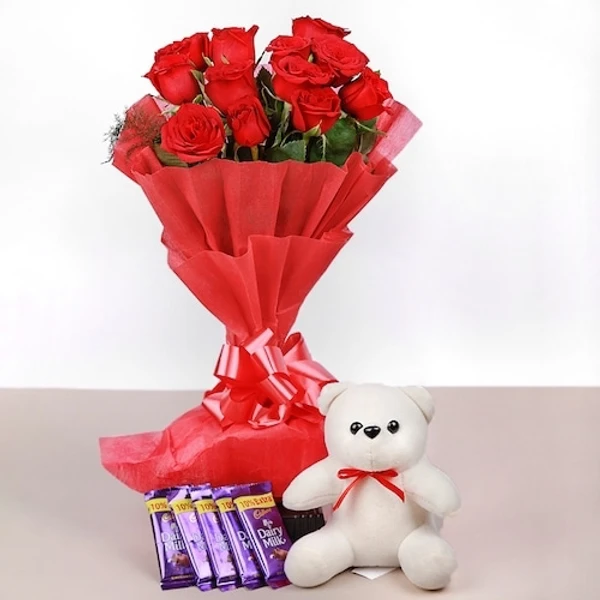 Roses, Teddy Bear & Chocolates Bouquet