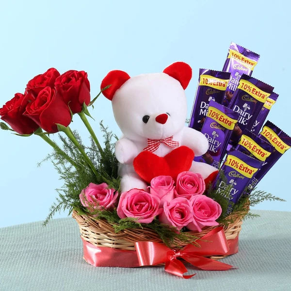 Roses & Teddy Bear Basket