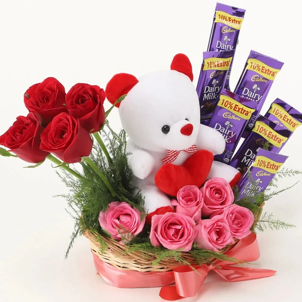 Roses & Teddy Bear Basket