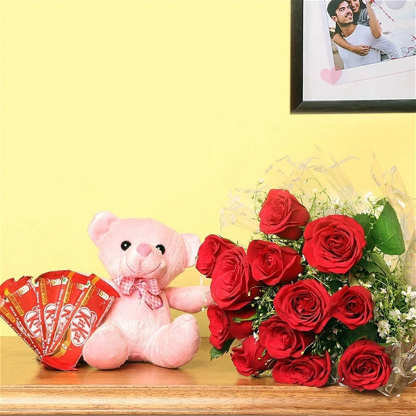 Roses, Teddy Bear & Chocolates Bouquet