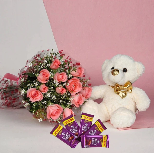 Roses, Chocolates & Teddy Bear Bouquet