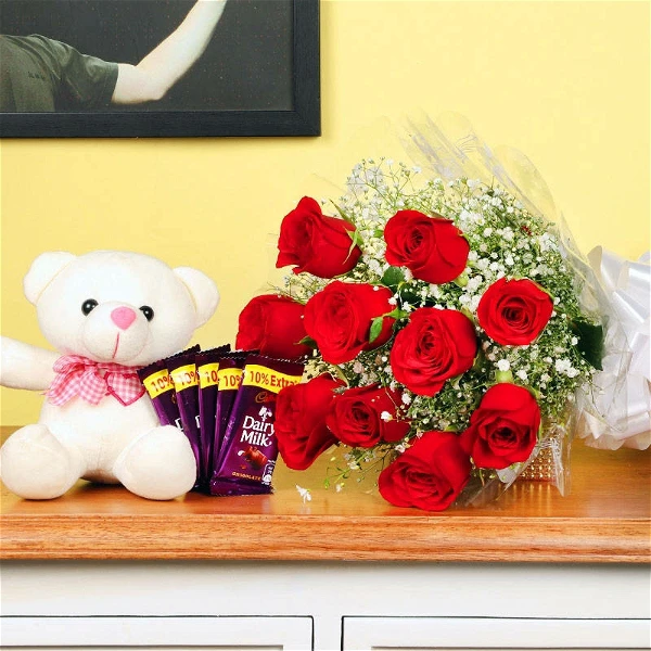 Roses, Chocolates & Teddy Bear Bouquet