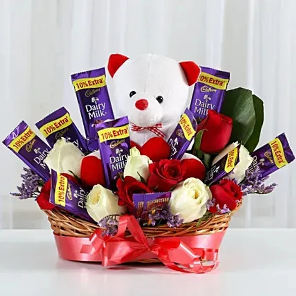 Roses, Chocolates & Teddy Bear Basket