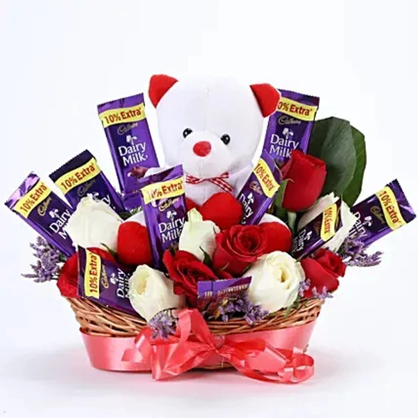 Roses, Chocolates & Teddy Bear Basket