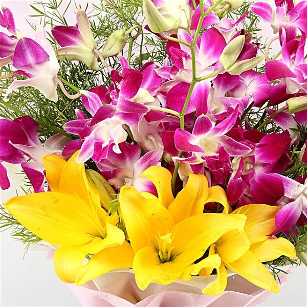 Purple Orchids & Yellow Lily Bouquet
