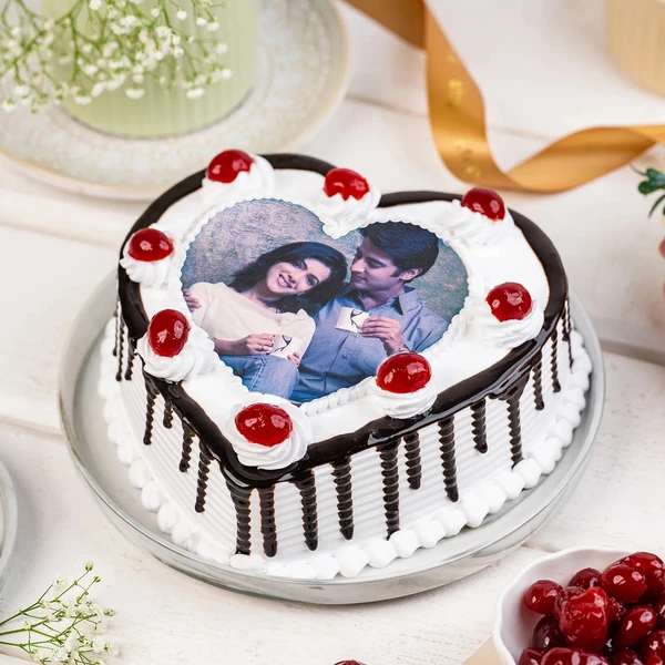 Heart Shaped Black Forest Photo Cake - 500 Gram