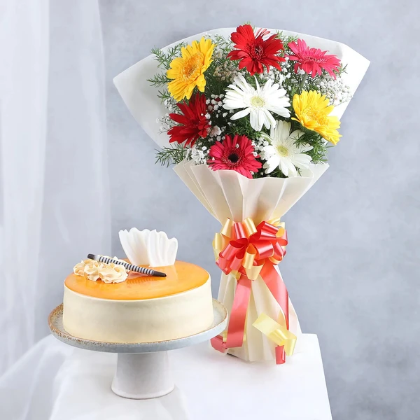 Mix Gerberas & Butterscotch Cake