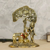 Golden Lord Krishna Idol Playing Flute Under Tree With Cow And Calf
