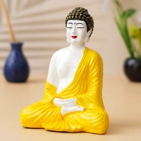 Yellow & White Polyresin Handcrafted Meditating Buddha Statue