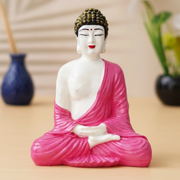 White & Pink Polyresin Handcrafted Meditating Buddha Statue