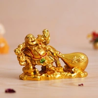 Golden Polyresin Feng Shui Laughing Buddha Idol With Money Bag