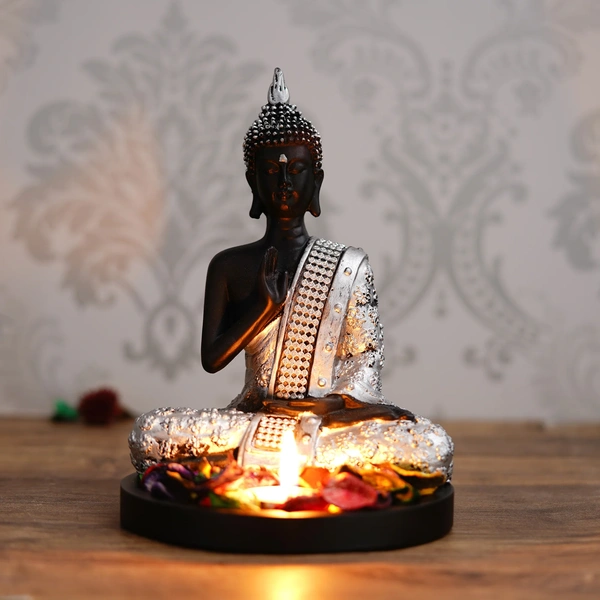 Polyresin Black And Silver Handcrafted Meditating Blessing Buddha Statue